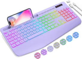 SABLUTE Wireless Keyboard with 9 Backlit Effects, Wrist Rest, Phone Holder, 2.4G Lag-Free Ergonomic Keyboards, Rechargeable Silent Cordless, for Computer, Laptop, Mac, Windows, Office, School -Purple