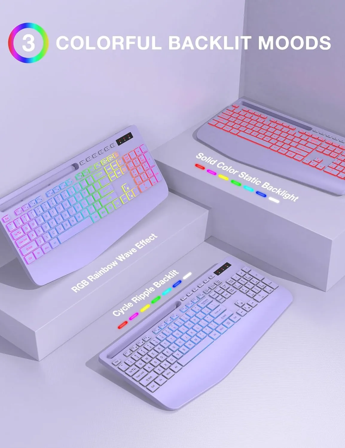 SABLUTE Wireless Keyboard with 9 Backlit Effects, Wrist Rest, Phone Holder, 2.4G Lag-Free Ergonomic Keyboards, Rechargeable Silent Cordless, for Computer, Laptop, Mac, Windows, Office, School -Purple