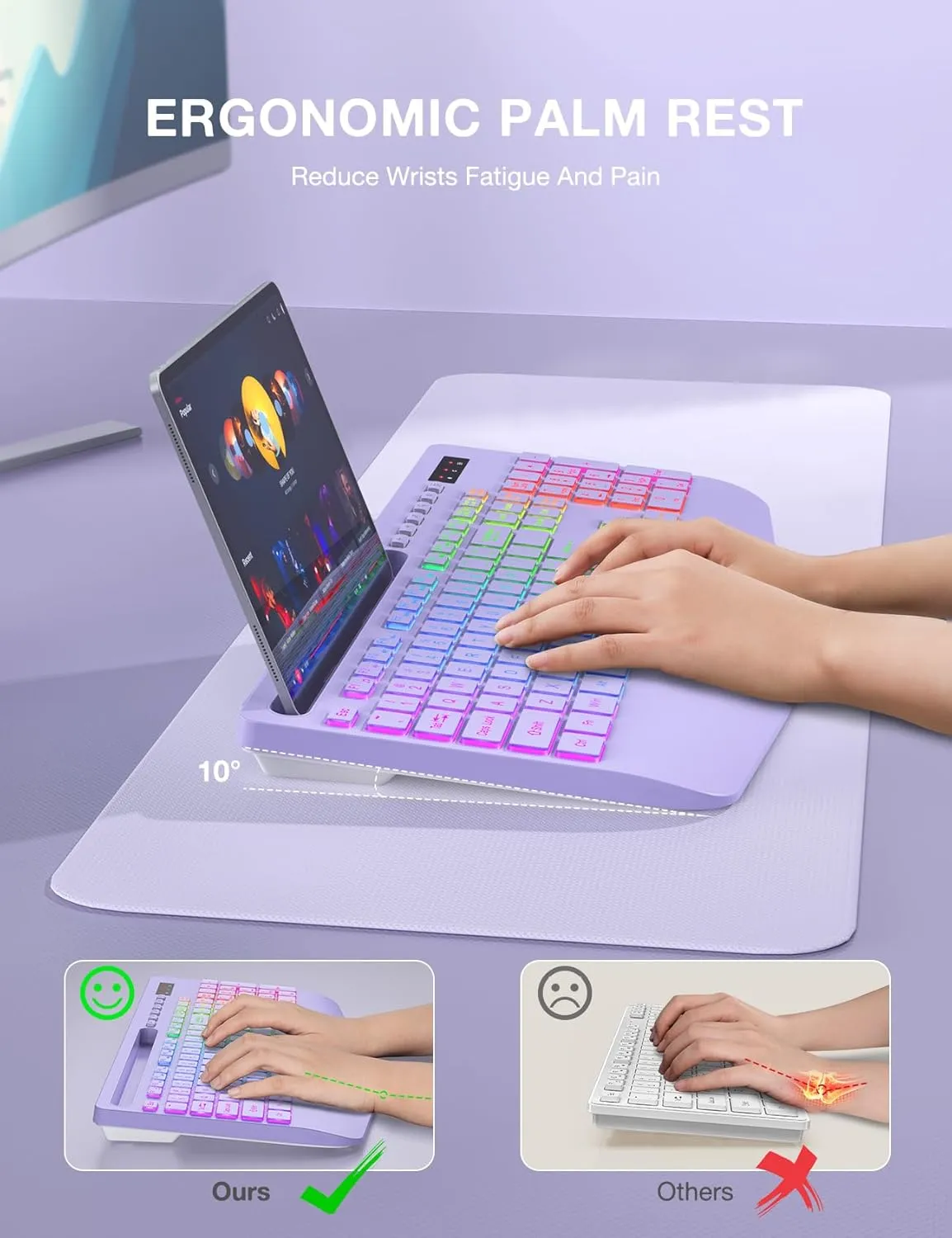 SABLUTE Wireless Keyboard with 9 Backlit Effects, Wrist Rest, Phone Holder, 2.4G Lag-Free Ergonomic Keyboards, Rechargeable Silent Cordless, for Computer, Laptop, Mac, Windows, Office, School -Purple