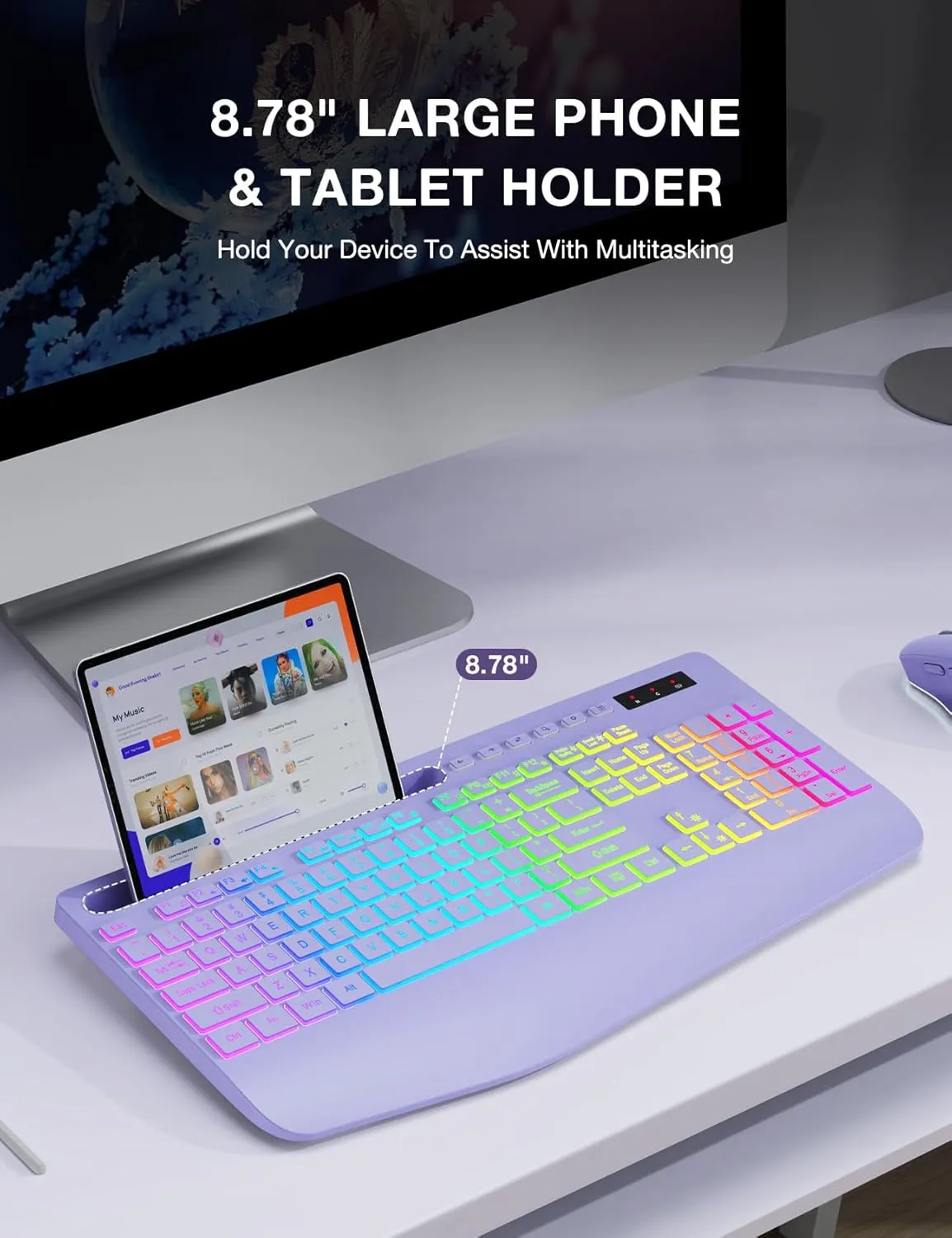 SABLUTE Wireless Keyboard with 9 Backlit Effects, Wrist Rest, Phone Holder, 2.4G Lag-Free Ergonomic Keyboards, Rechargeable Silent Cordless, for Computer, Laptop, Mac, Windows, Office, School -Purple