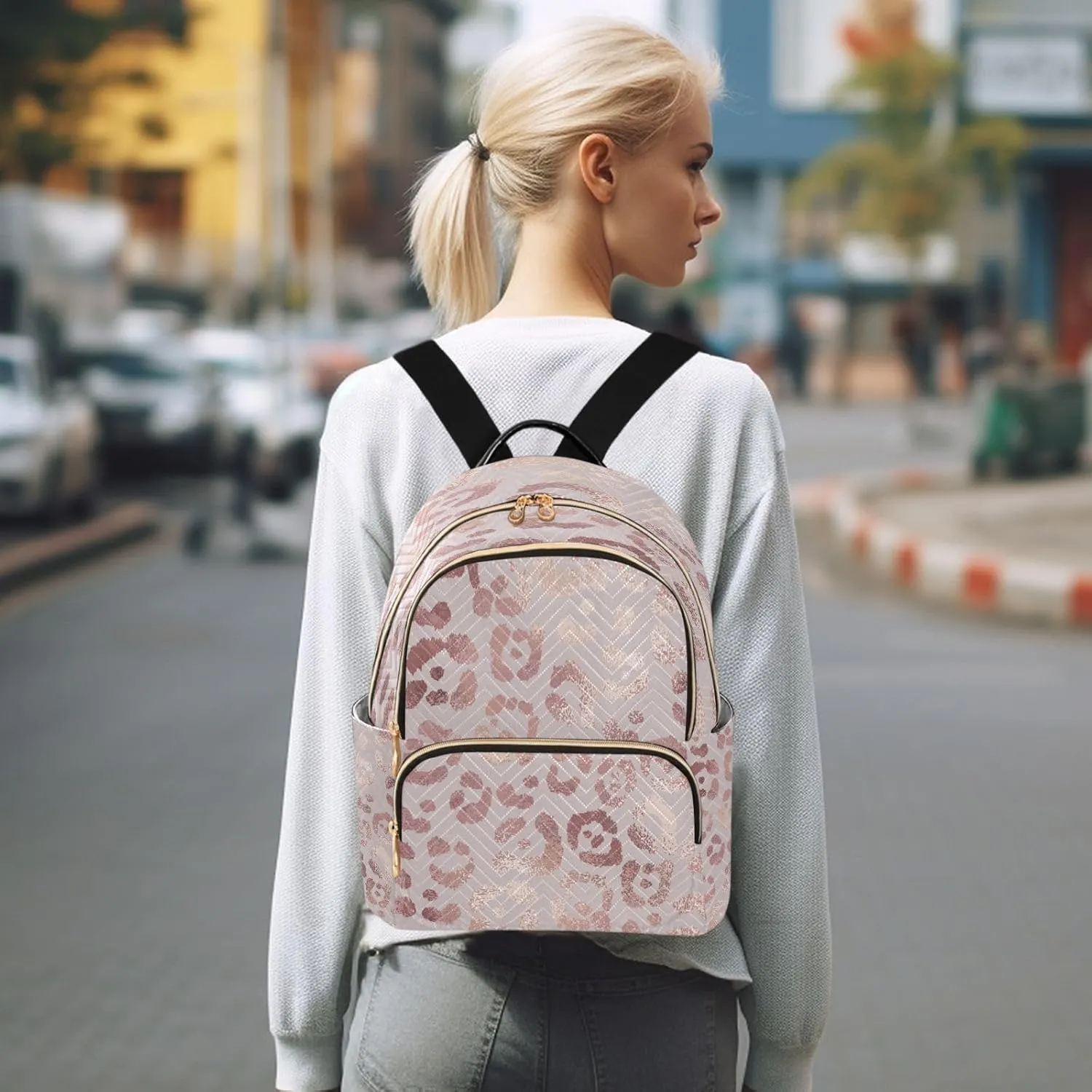 SUABO Leopard Print Cheetah Rose Gold Fashion Backpack Purse Ladies Fashion Rucksack Travel Shoulder Bag Casual Daily Backpack