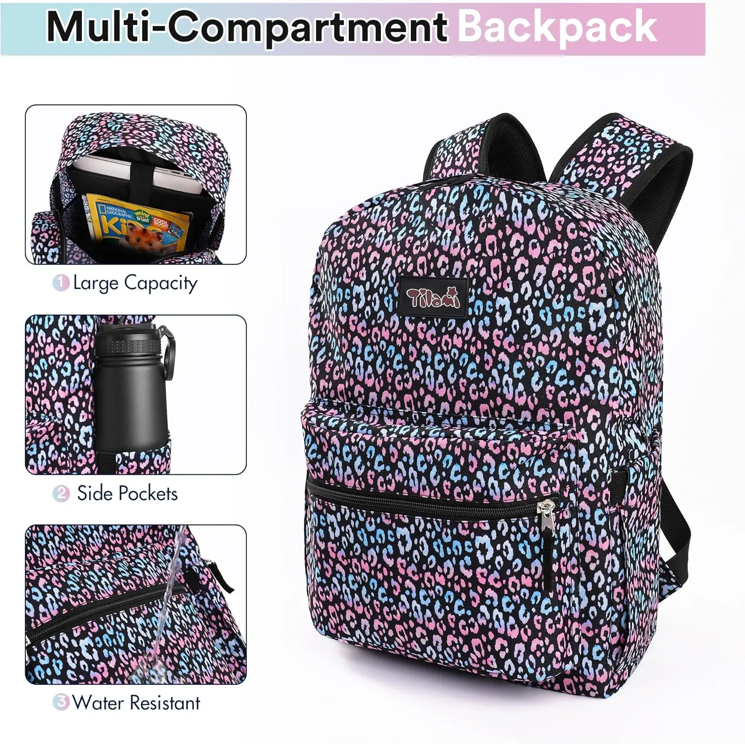 Tilami 20L Basic Backpack for Men and Women,17 inch Laptop Backpack for Travel,Leopard Black