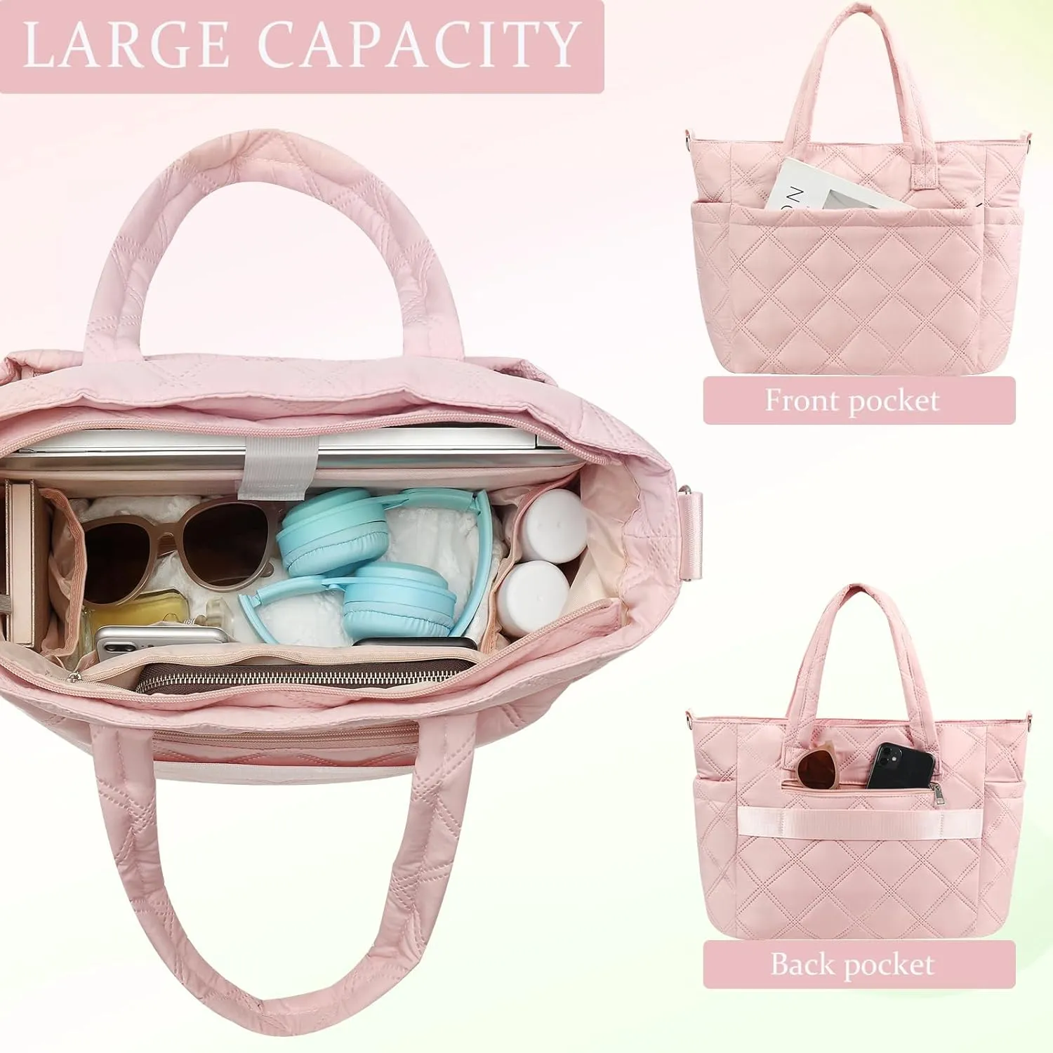 Tote Bags for Women,Large Lightweight Travel Bags with Zipper,Quilted Tote Bag with Multi-Pocket for Travel Work Gym