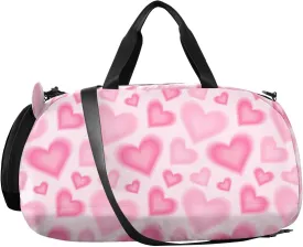VIGTRO Trendy Pink Hearts Kids Overnight Travel Duffel Bag Sport Gym Bag for Boys Girls with Shoe Compartment, Blurred Gradient Carry On Weekender Luggage Bag for Dance Swim Yoga