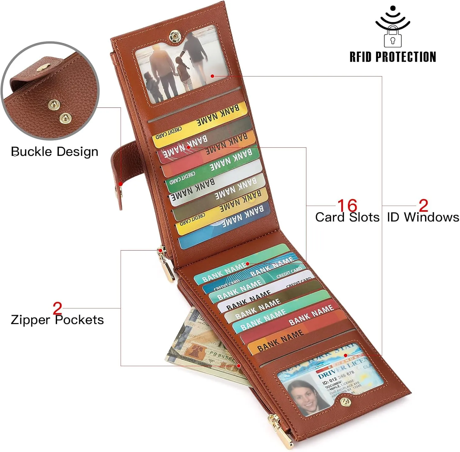 Wallet Women RFID Blocking Leather Large Bifold Multi Card Purse with Zipper Pocke Credit Card Holder