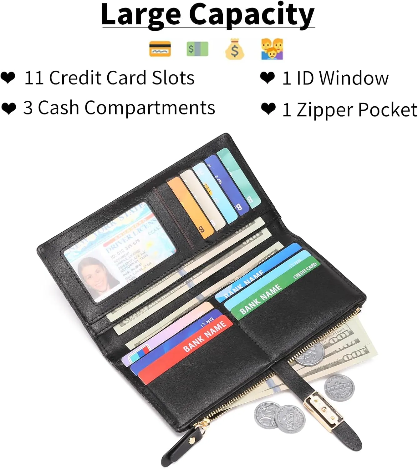 Wallets for Women Leather Large Size RFID Blocking Bifold Multi Card Wallet Case Credit Card Holder for Women with Zipper Pocket