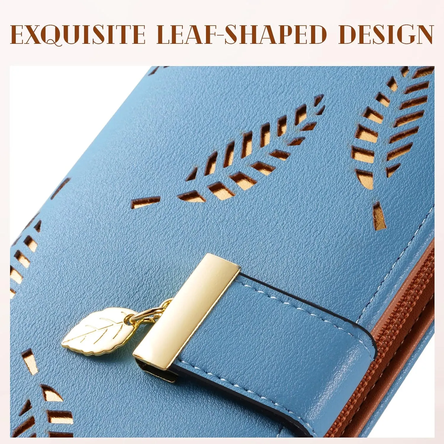 Women's Long Leaf Bifold Wallet Leather Card Holder Purse Zipper Buckle Elegant Clutch Wallet Handbag for Women-Blue