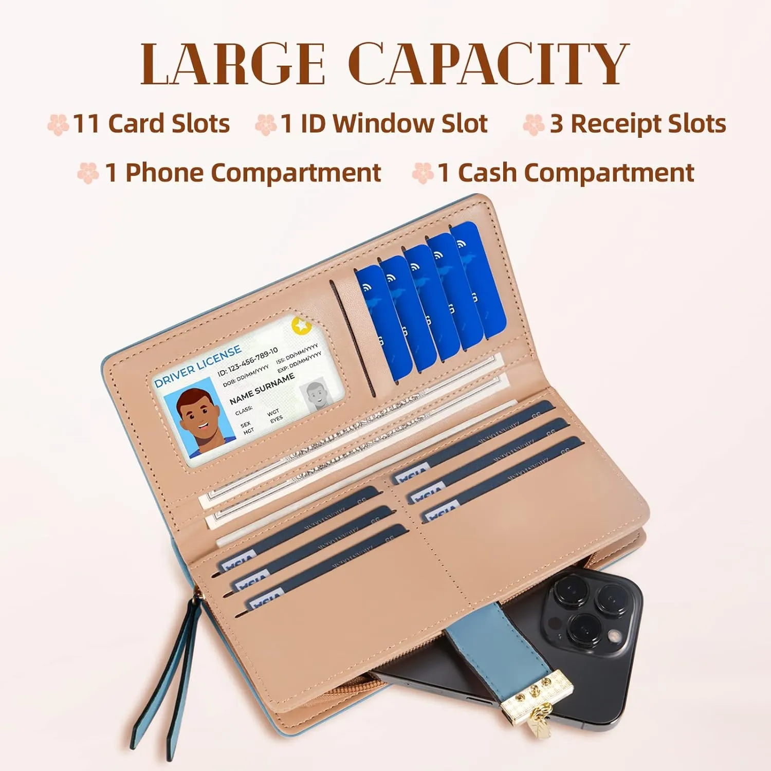 Women's Long Leaf Bifold Wallet Leather Card Holder Purse Zipper Buckle Elegant Clutch Wallet Handbag for Women-Blue
