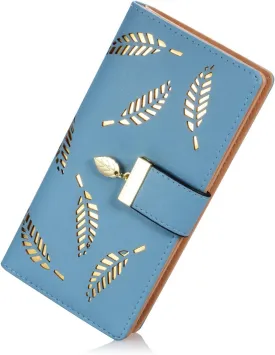 Women's Long Leaf Bifold Wallet Leather Card Holder Purse Zipper Buckle Elegant Clutch Wallet Handbag for Women-Blue
