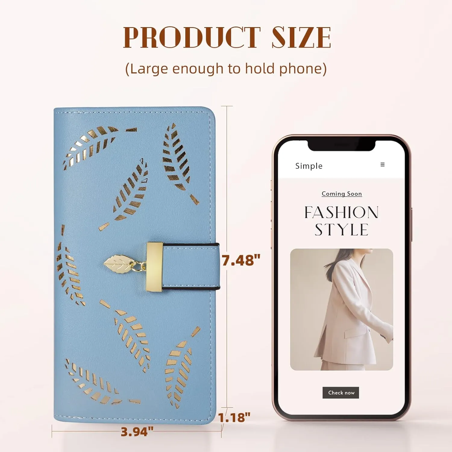 Women's Long Leaf Bifold Wallet Leather Card Holder Purse Zipper Buckle Elegant Clutch Wallet Handbag for Women-Blue