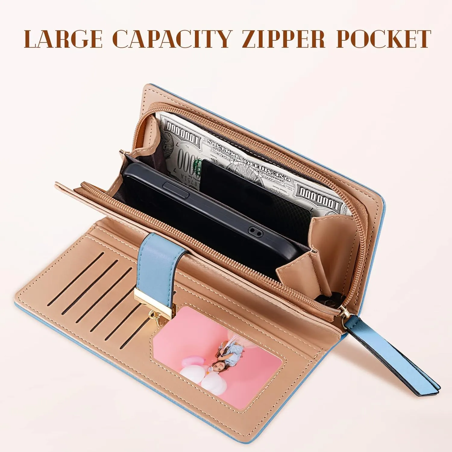 Women's Long Leaf Bifold Wallet Leather Card Holder Purse Zipper Buckle Elegant Clutch Wallet Handbag for Women-Blue